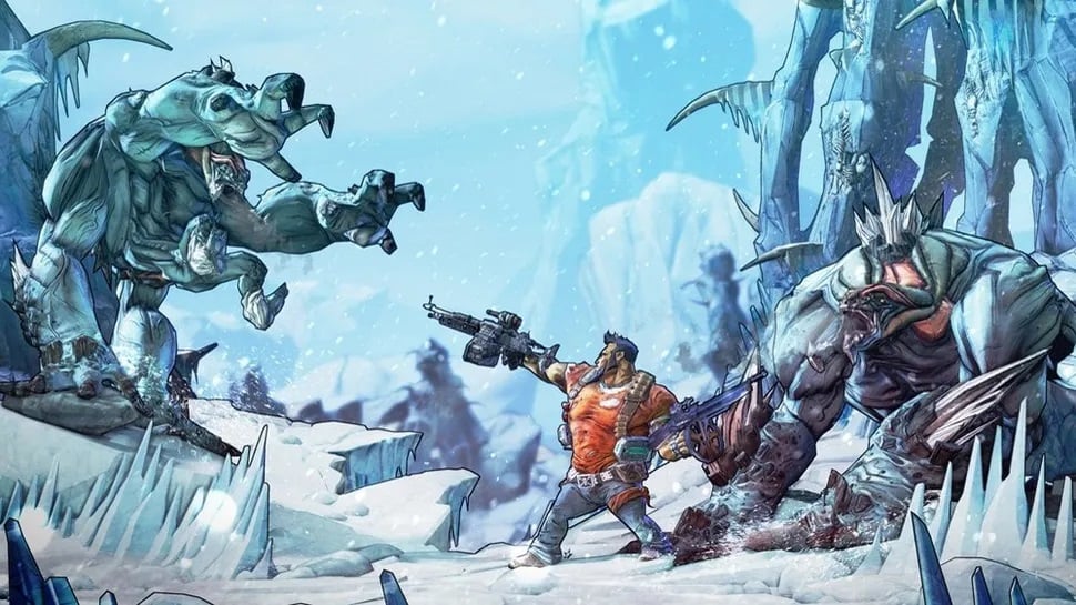 A Vault hunter fights in the snow. 