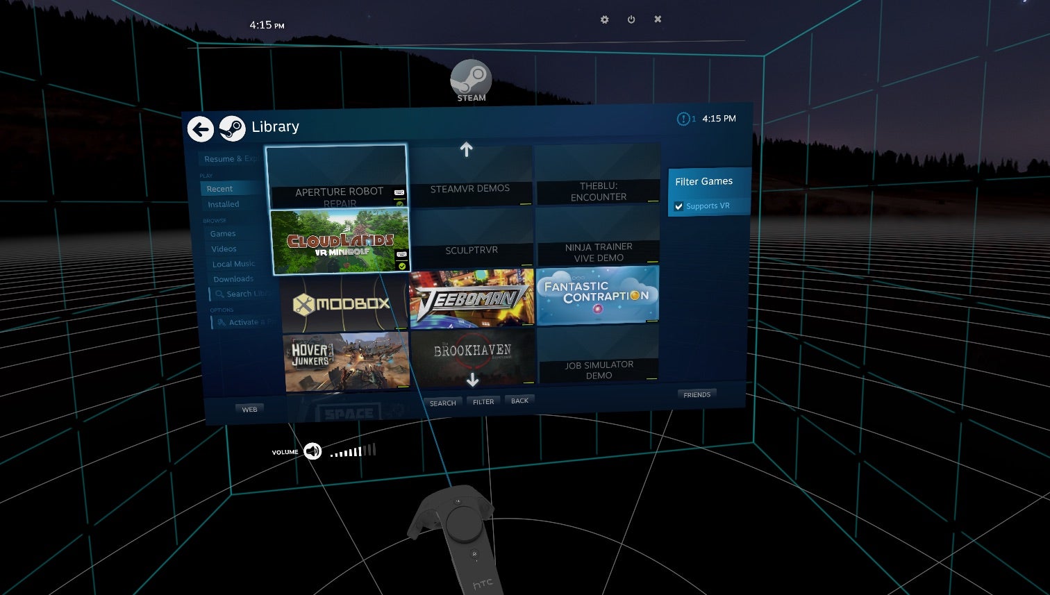 This is how you navigate Steam in VR. Note the virtual controller, which is rendered exactly where you are holding the real controller in non-virtual reality.