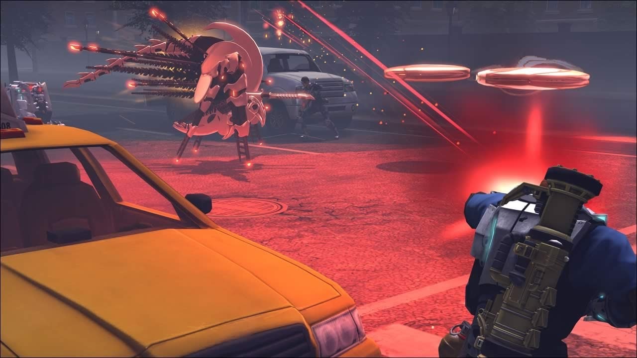 A soldier fires at an alien.