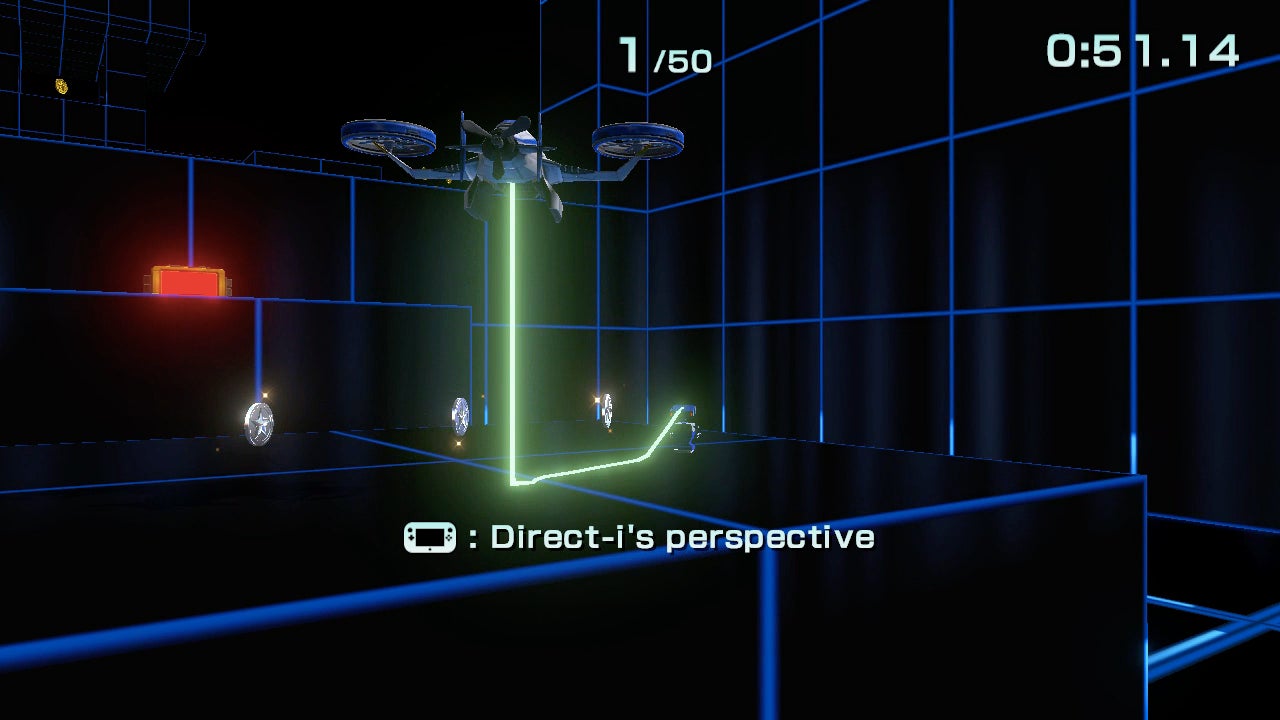 The new Gyrowing hovercraft drops a little hacker robot whose perspective is shown on the Wii U’s GamePad screen.