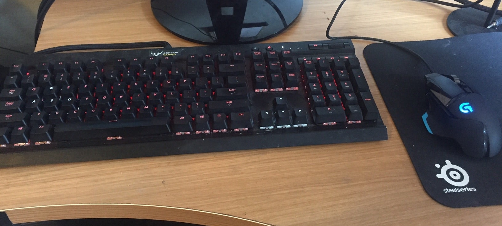 My current setup. Corsair sent me the keyboard a little while back, and I bought the mouse because I’ve always liked Logitech gaming mice. I recently replaced my old Max Payne trackpad on a whim with that Steelseries one and actually really like it.