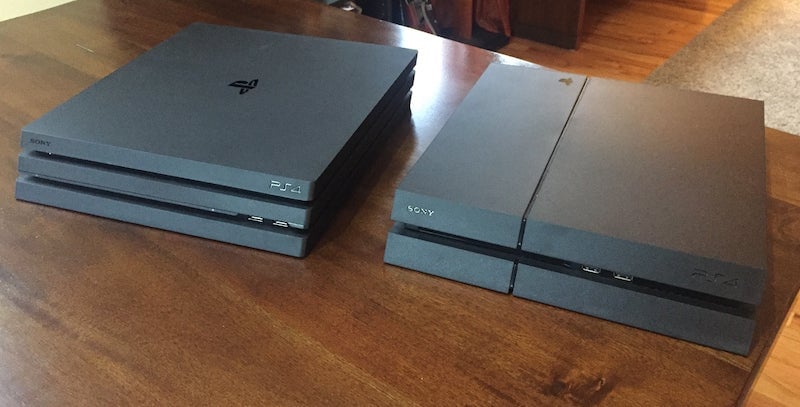 On the left, the PS4 Pro. On the right, a standard PS4.