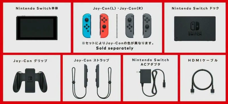 Left to right, top to bottom: The Switch, one of two options for Joy-Con, the Switch Dock, the Joy-Con Grip, two Joy-Con straps, an AC Adapter, and an HDMI cable.