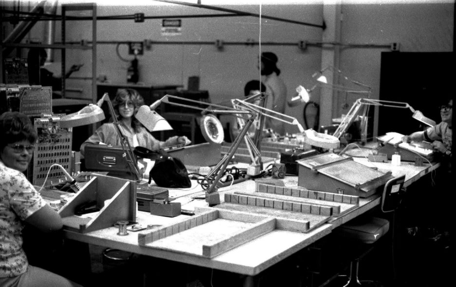 Women at Atari assembling circuit boards. Photo courtesy of The Atari Museum.