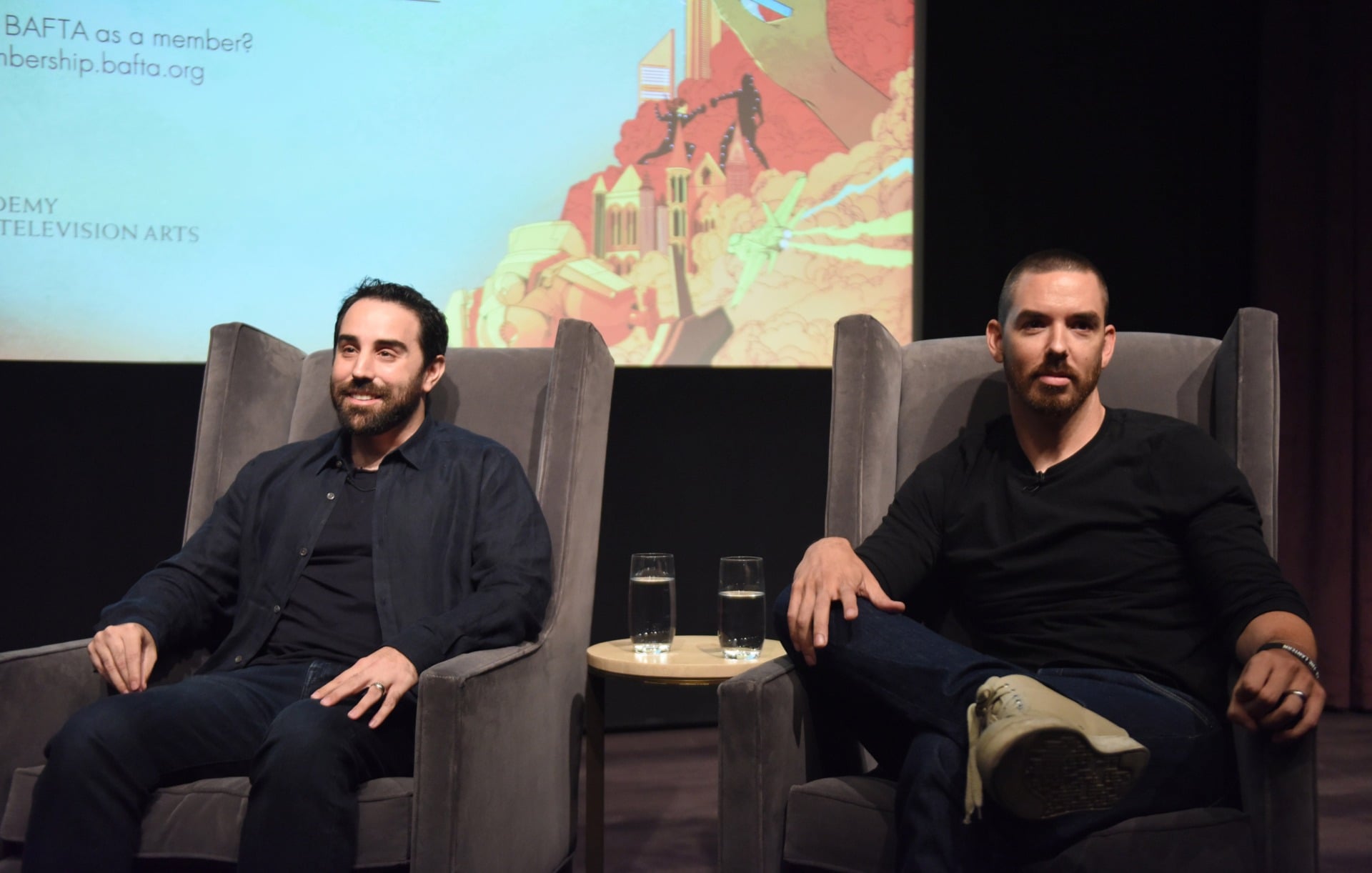 Riot Games co-founders Brandon Beck and Marc Merrill speaking at BAFTA