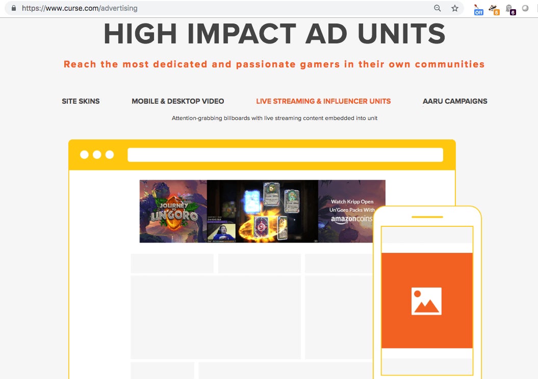 Curse’s advertising page demonstrating its “live streaming & influencer units,” like the ones that appear on Gamepedia.