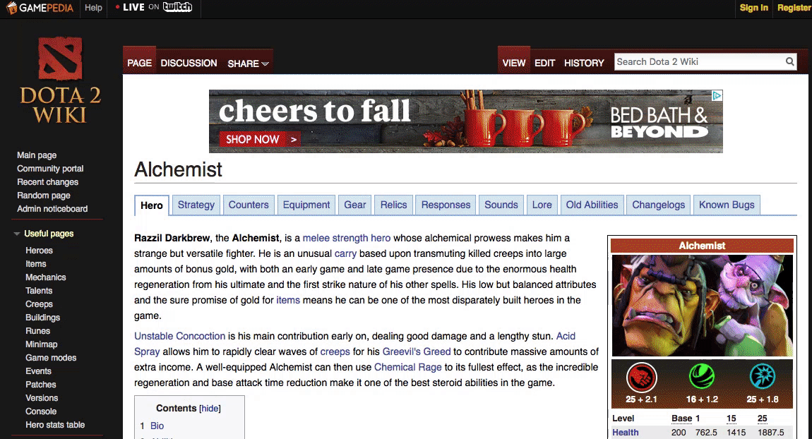 The Gamepedia entry for DOTA 2's Alchemist, which is capped by a live Twitch stream.