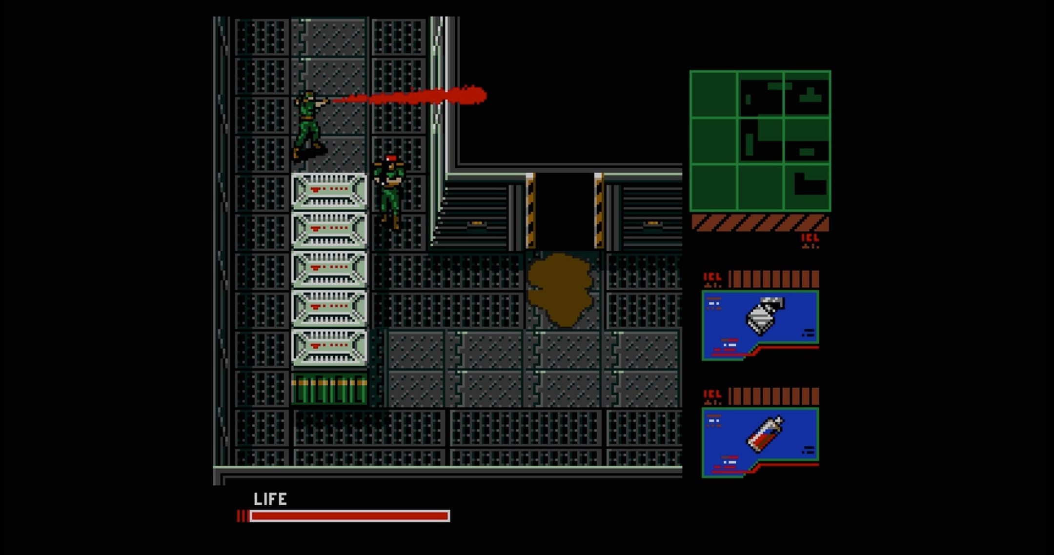Solid Snake fights Big Boss. In this sequence, the player must scramble to assemble a makeshift flamethrower.
