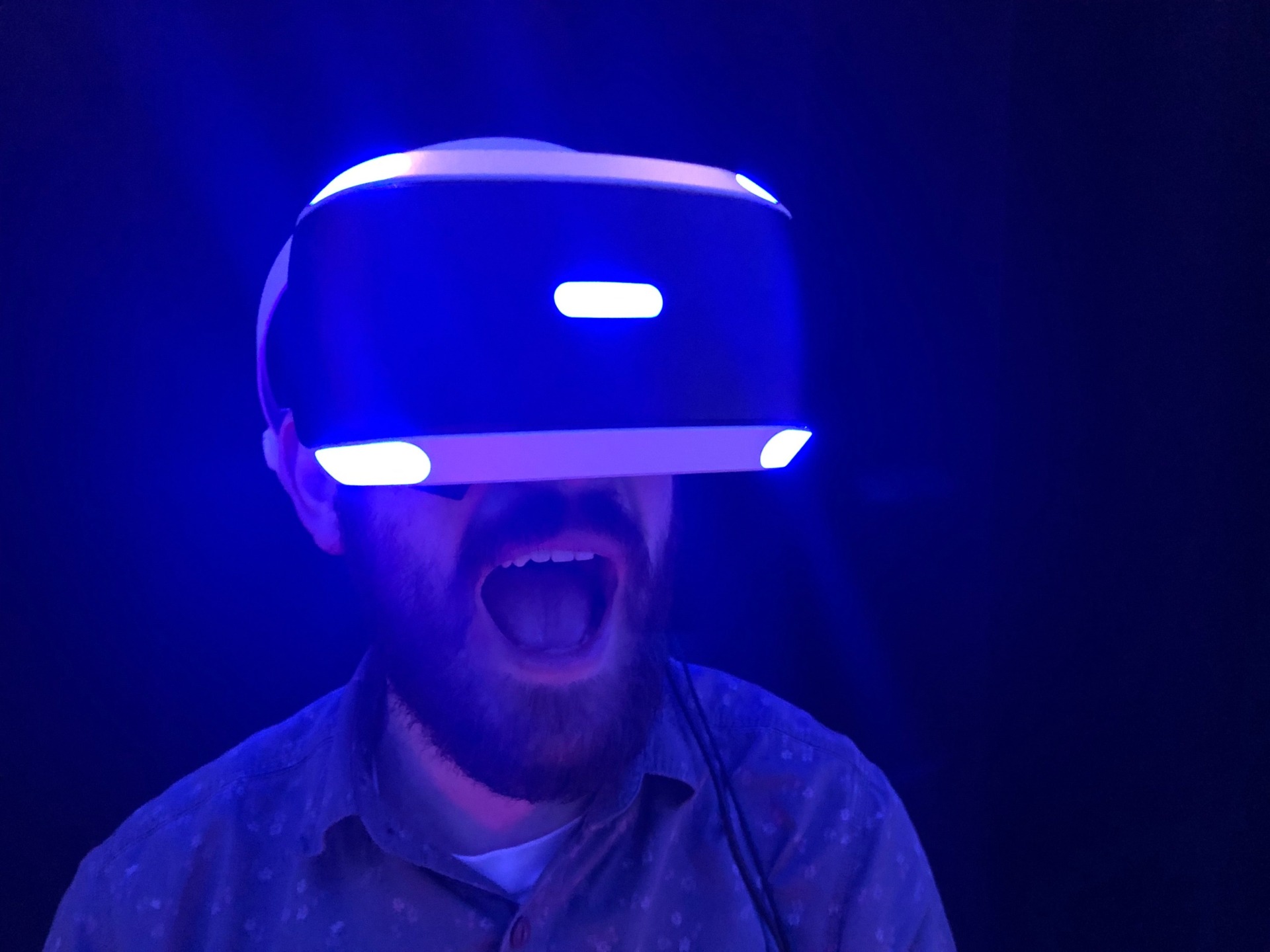 Sean Murray in the PSVR headset. No Man’s Sky’s VR mode will work on PS4 and PC