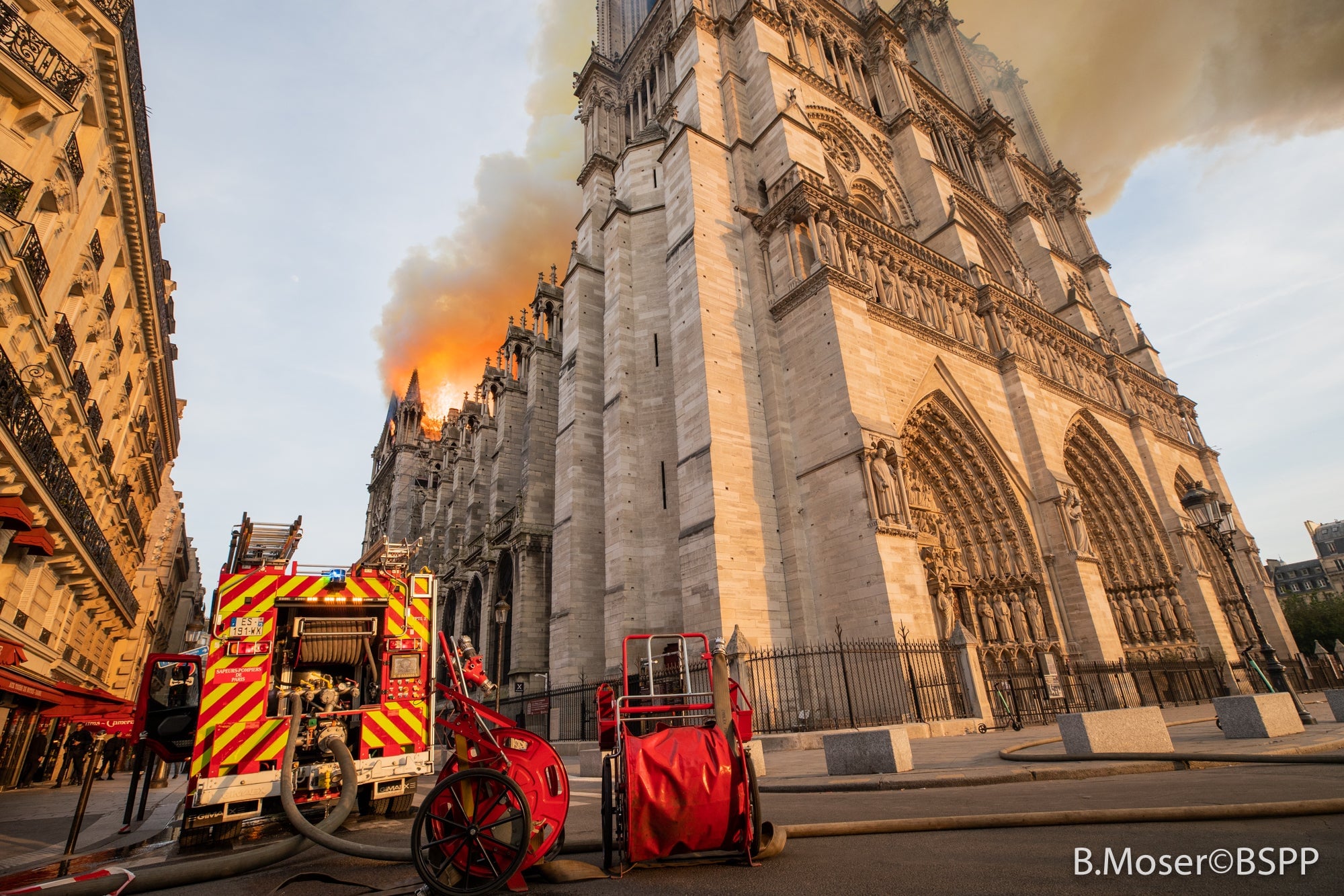 A handout image provided by Brigade de sapeurs-pompiers de Paris in which firefighters battle the blaze at Notre-Dame Cathedral on April 15, 2019 in Paris, France.