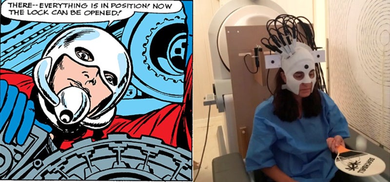 Advances to MEG have allowed this scanner to be wearable taking a similar form to Ant-Manâs original helmet (but not as convenient as something that fits behind your ear). Astonishing Tales #36 / (Image credit: Nature)