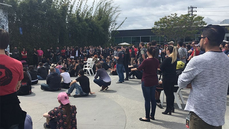 Riot employees gathered during today’s walkout