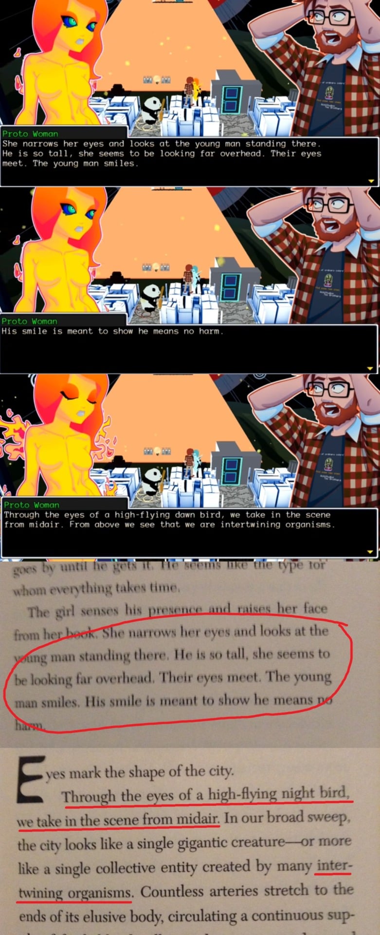 The YIIK dialogue compared to the passage from After Dark. 