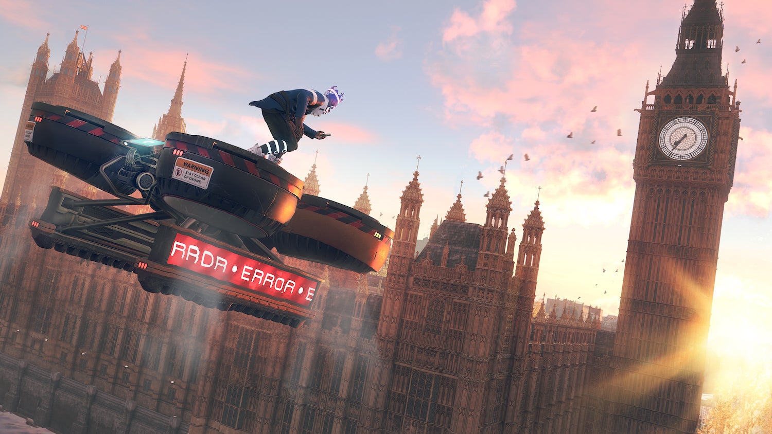 Players can hack and then ride on some of the game’s larger aerial drones.