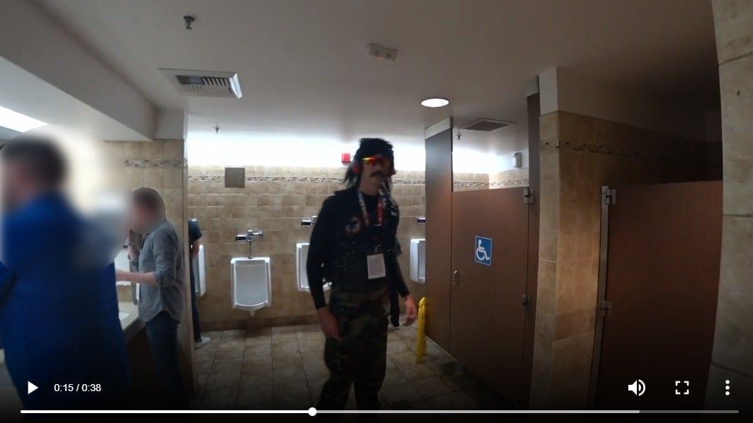 A still from a video showing Dr Disrespect entering an E3 bathroom that was broadcast to his Twitch stream.