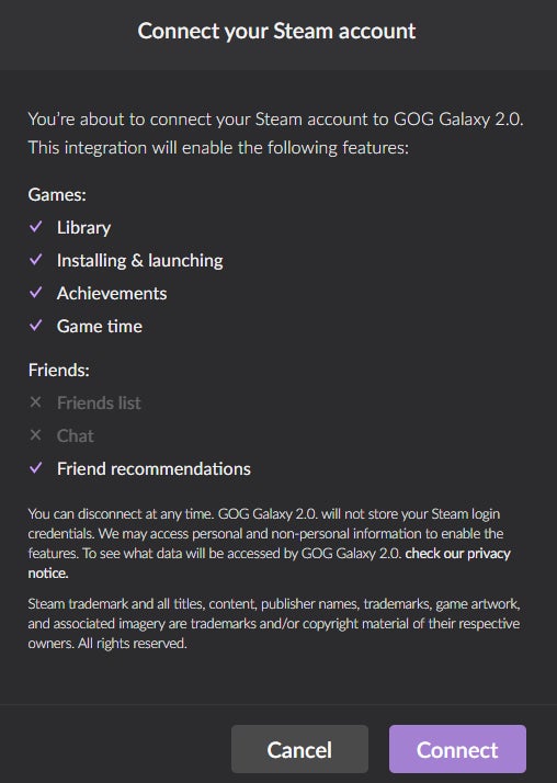 GOG Galaxy 2.0's integration menu—in this case, for Steam
