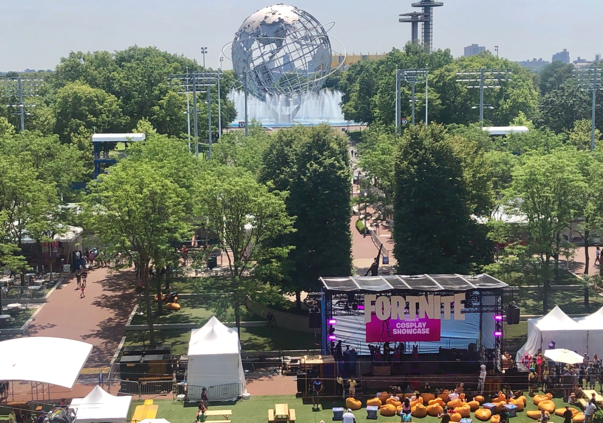 The Fortnite World Cup fan festival with the iconic World’s Fair Unisphere in the background