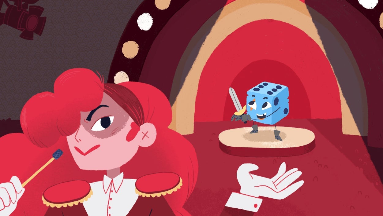 A character holds up a humanoid dice.