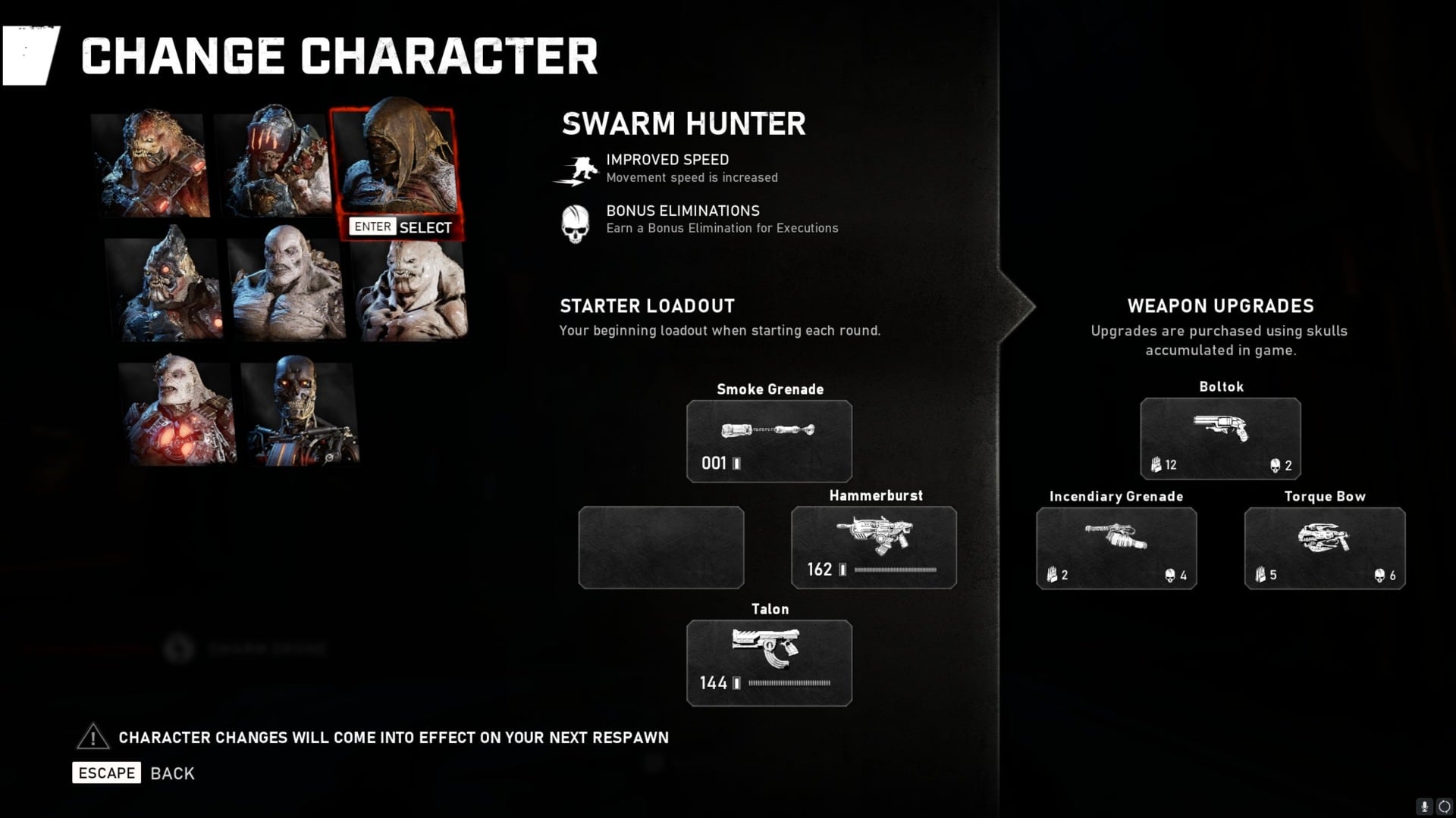 The passive skills and potential weapon unlocks for the Swarm Hunter on the Locust side of an Arcade mode match.