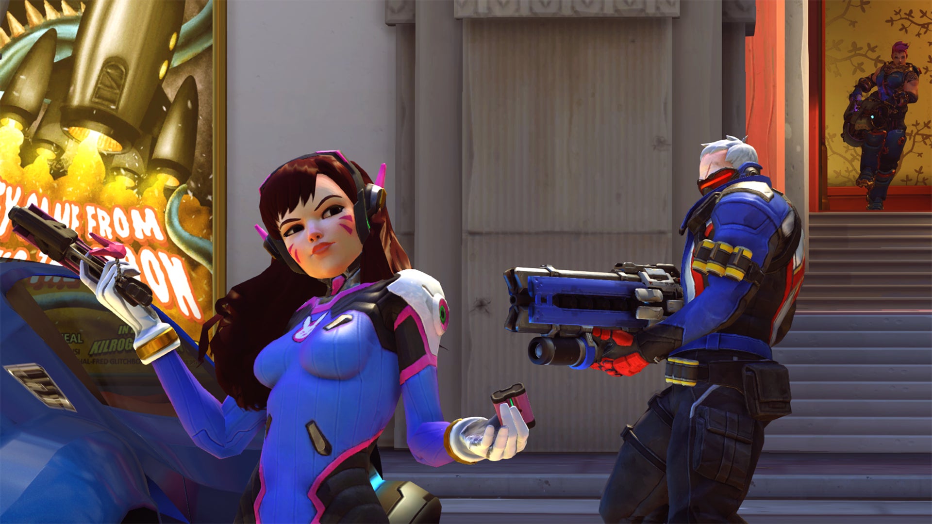 The Overwatch heroes Dva and Soldier 76