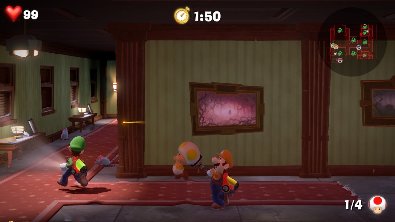 The “Scarescraper” multiplayer mode lets four Luigis team up to catch ghosts (or, in this case, collect Toads).