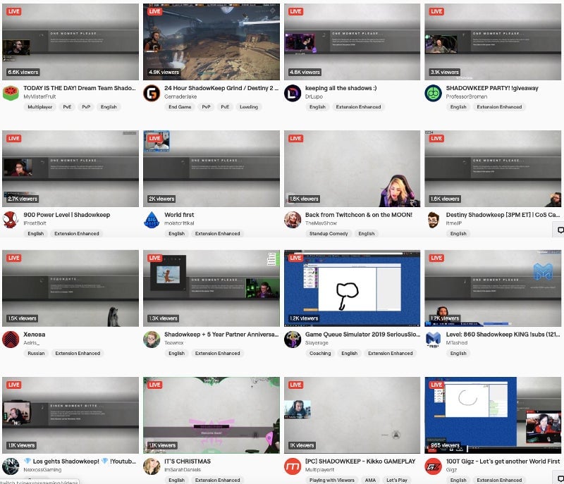 Twitchâs page of Destiny 2 streamers, just after 5pm ET on launch day. Image inspired by a Tweet from YouTuber SkillUp