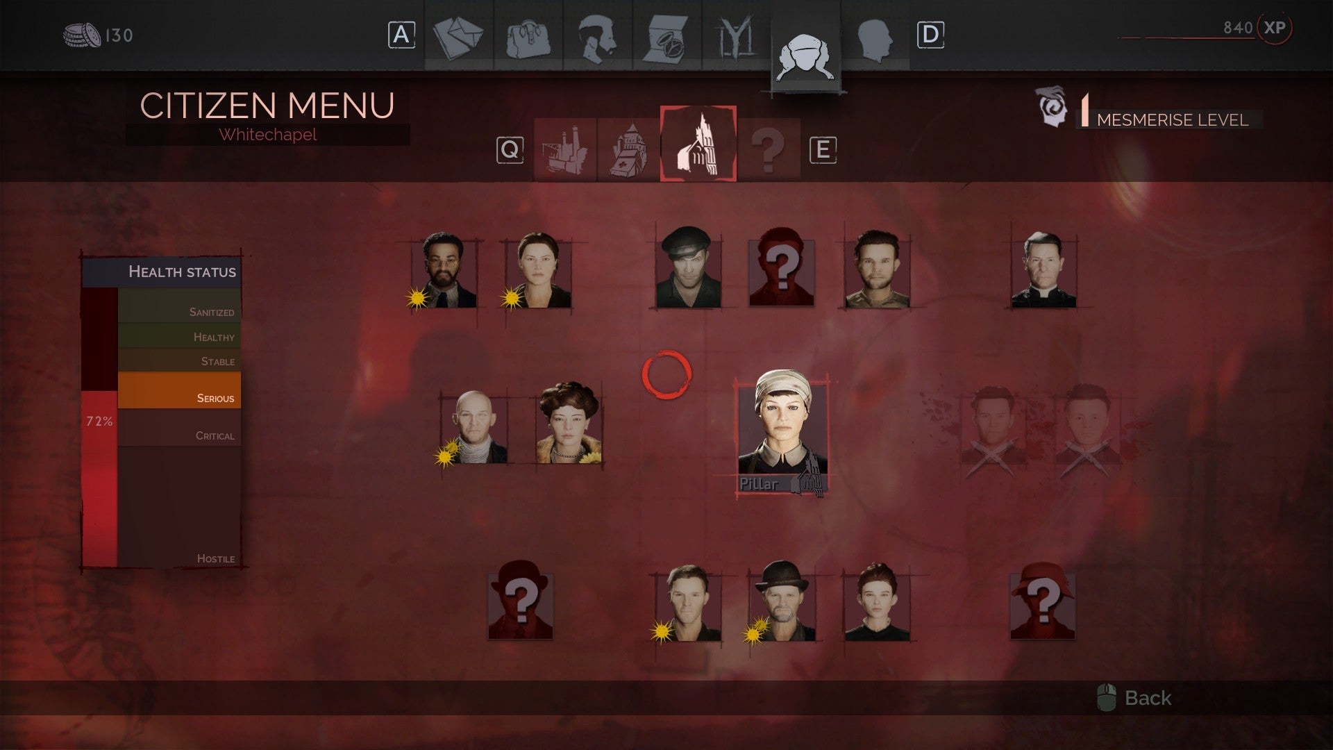 The citizen menu, showing the people who live in an area and what its status is.