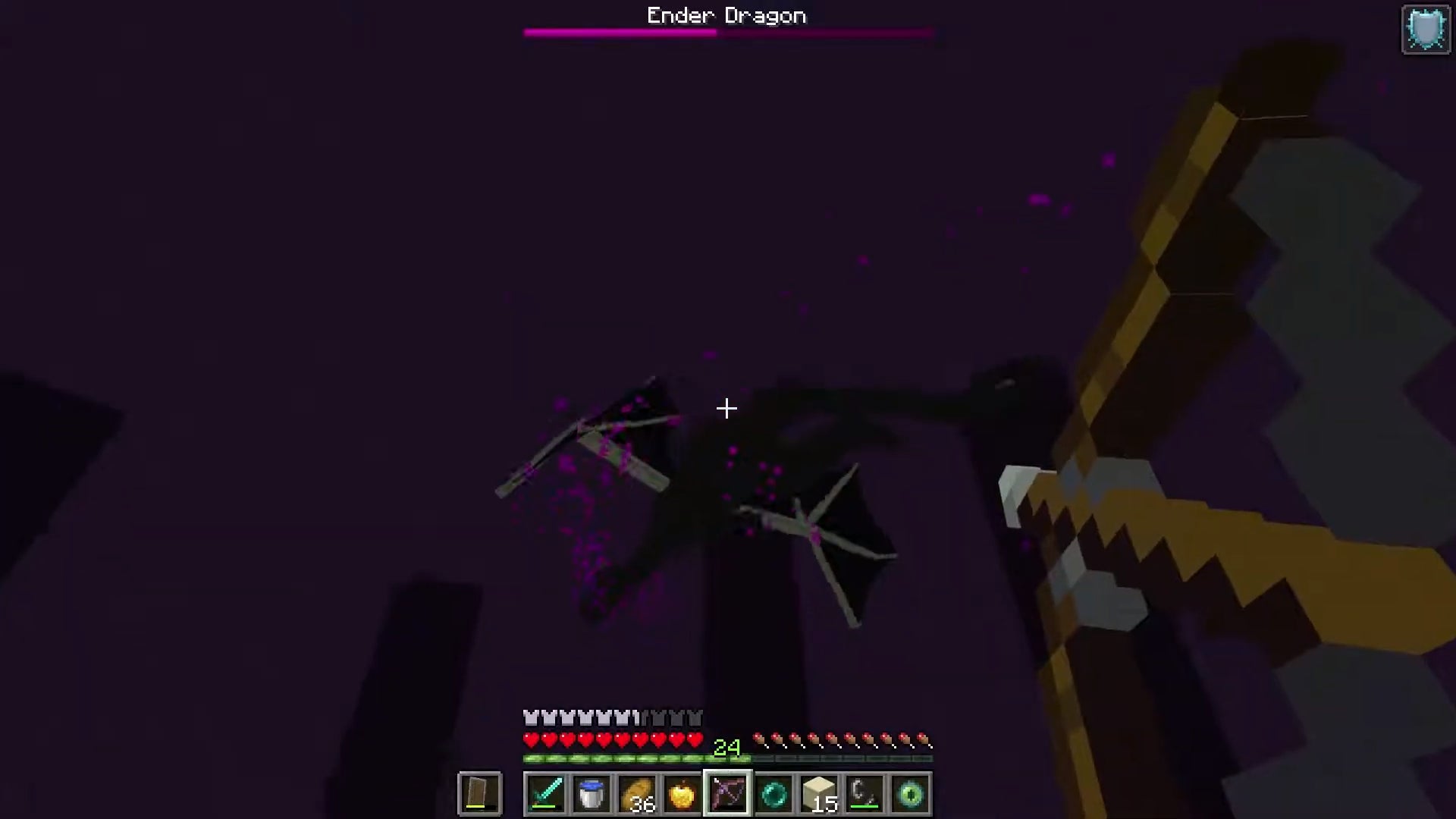 Fighting the big dragon at the end of Minecraft