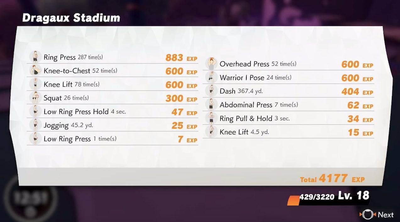 These were all the exercises I did in a failed attempt to beat one of the game’s world bosses. He had a sliver of health remaining.