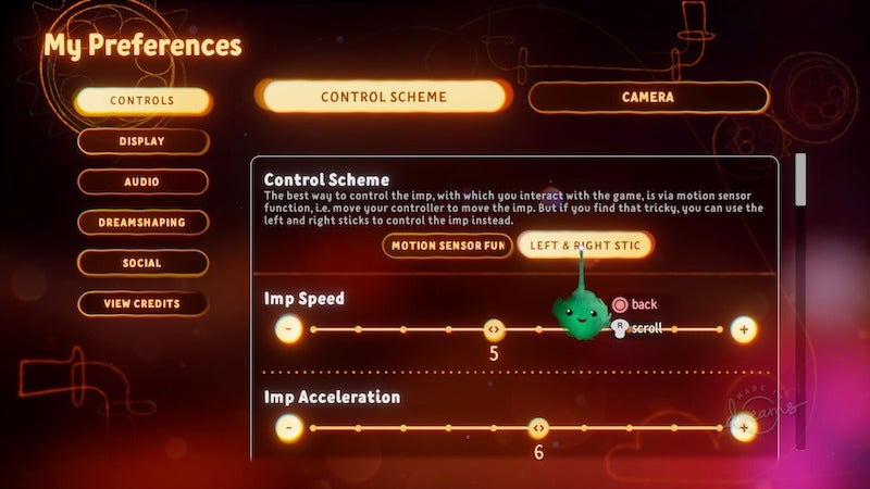 The control settings screen in Dreams, where you should start with the “Motion Sensor” option.