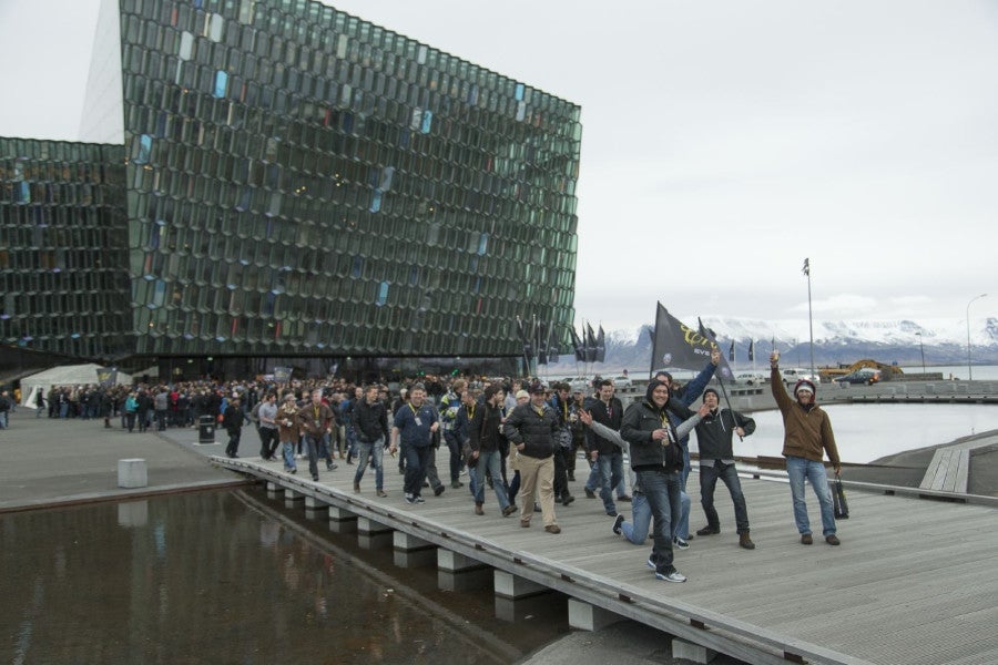 EVE players in front of the Harpa convention center.
