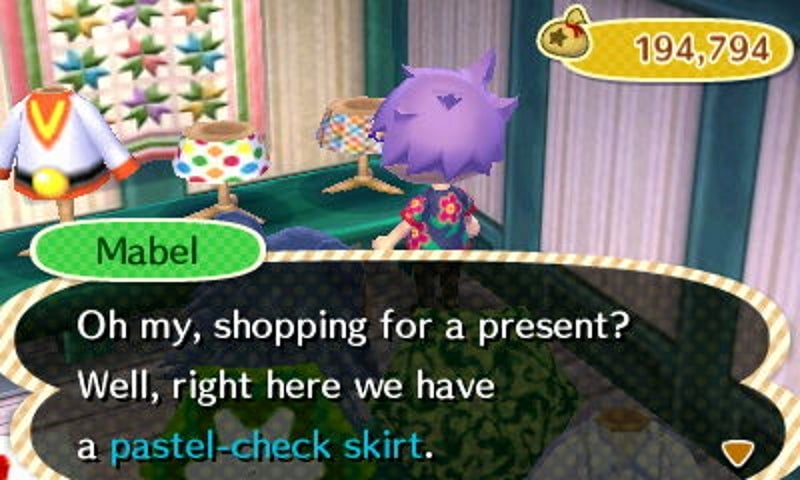 Mabel is confused when a boy character checks out skirts in Animal Crossing: New Leaf