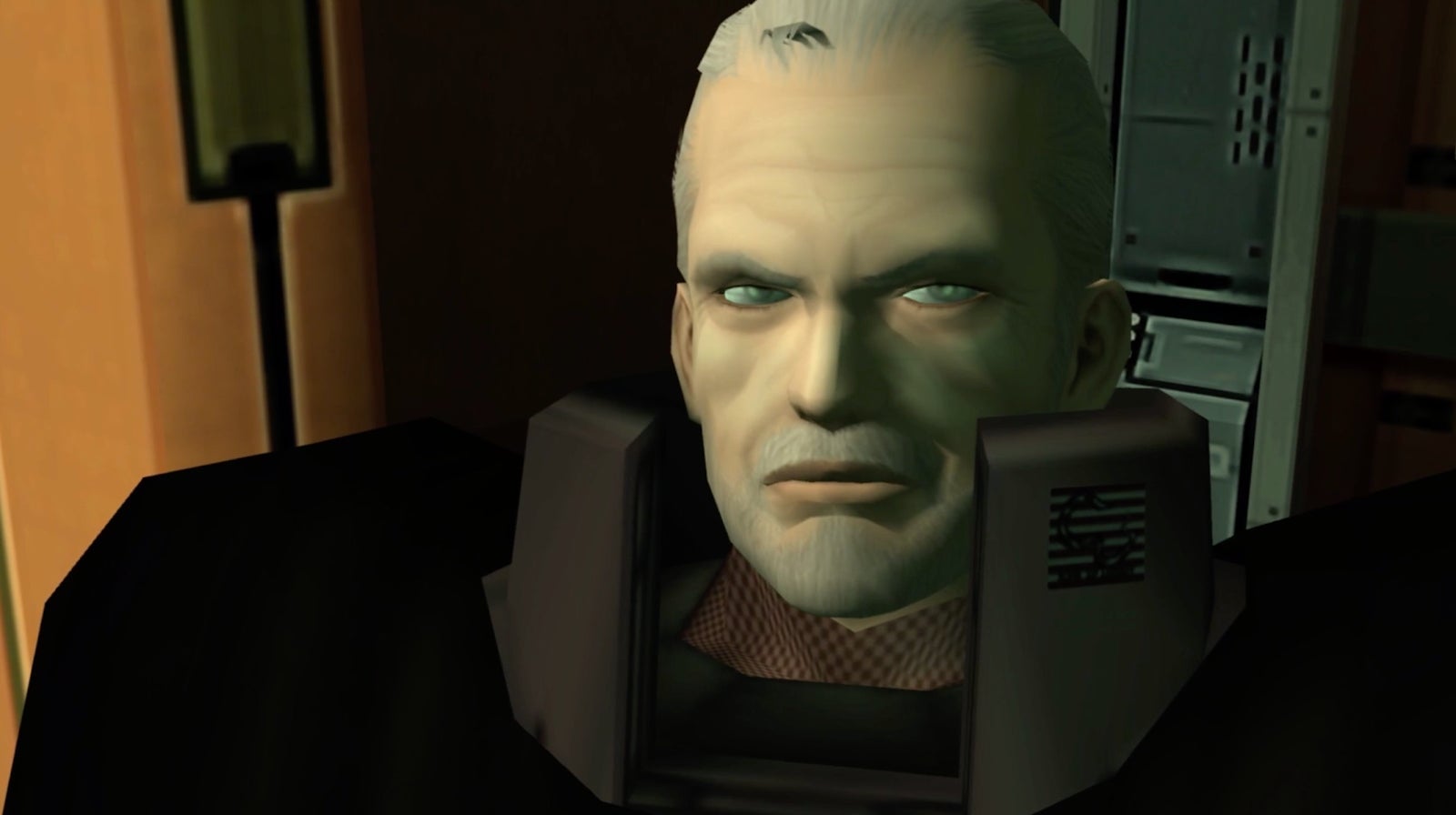 Solidus will lose his left eye in the Harrier fight, evoking the image of Big Boss. It’s a faulty imitation; Big Boss lost his right eye.