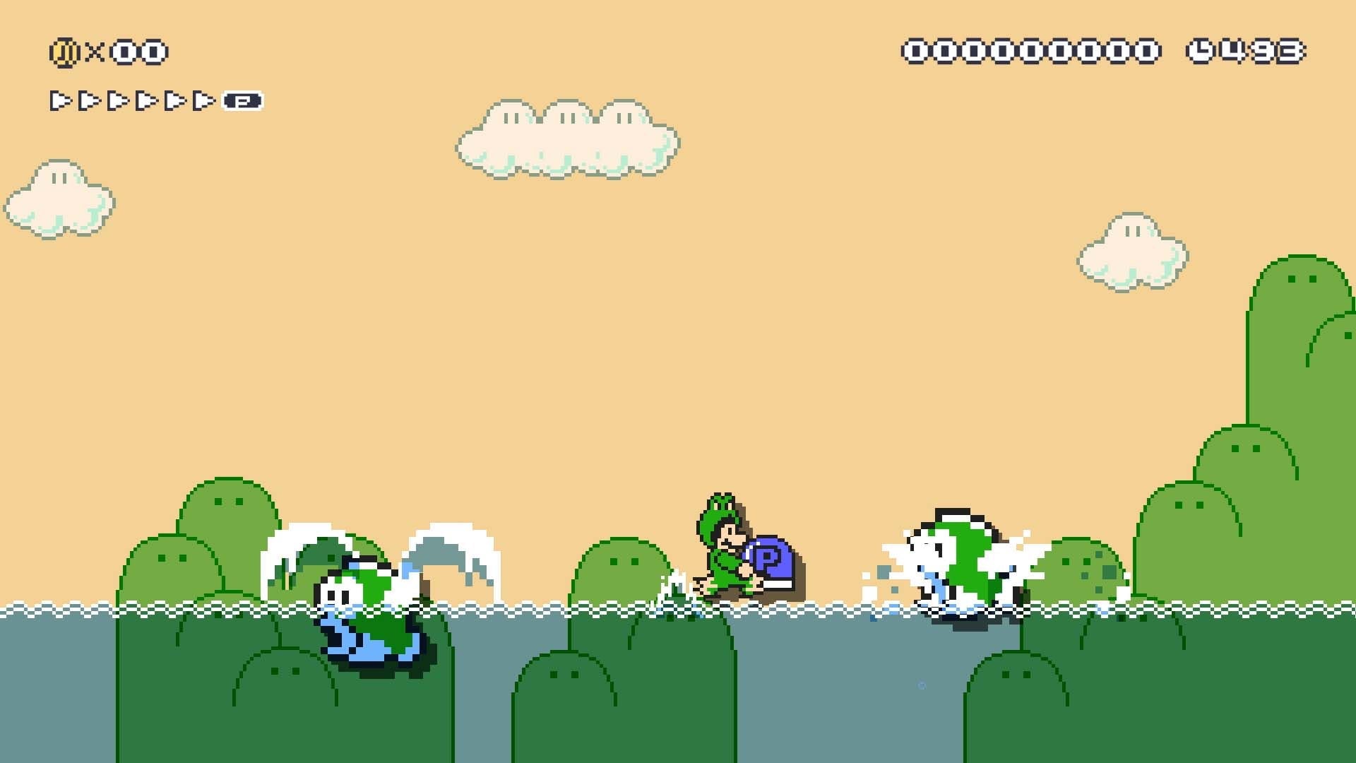 Mario can now walk on water if he’s carrying an item and running while in the Frog suit, something that wasn’t in Super Mario Bros. 3.