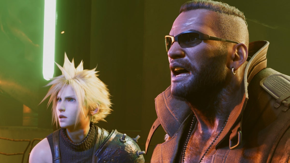 Cloud and Barret look up in surprise.