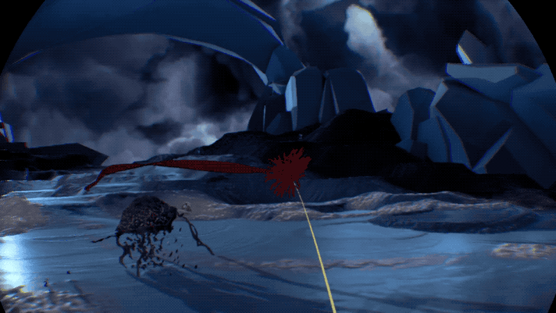 The player can grab the red thing, which attracts the turtle-like animal, which drops sand from its belly as it walks. The deposited sand redirects the water, which just might solve this area’s environmental puzzle.