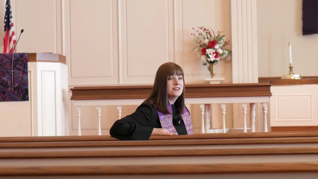 Rev. Sarah Taylor Peck preaches from empty pews at Community Christian Church