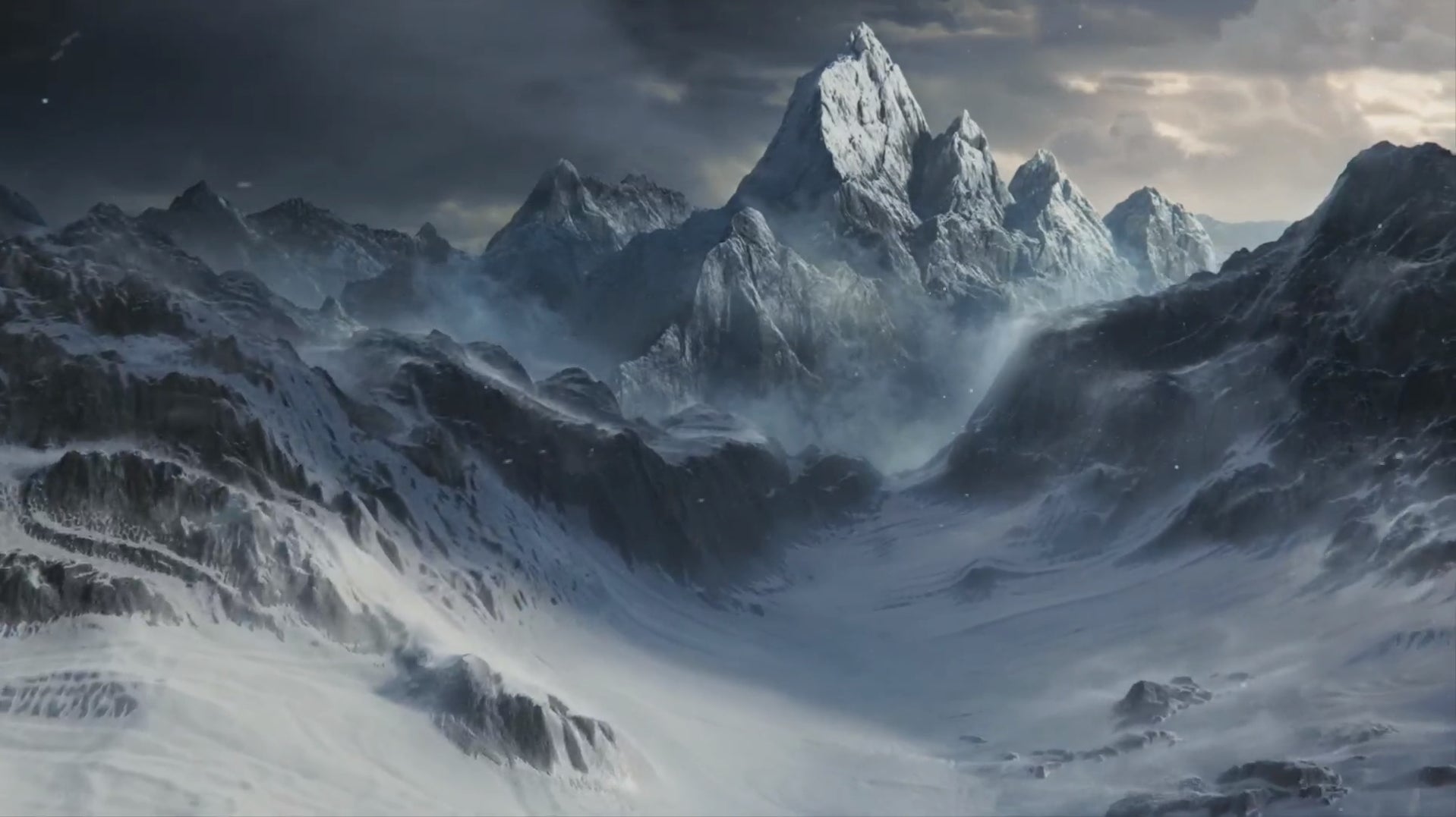 Snowy mountain peaks as seen in the PS5 trailer.
