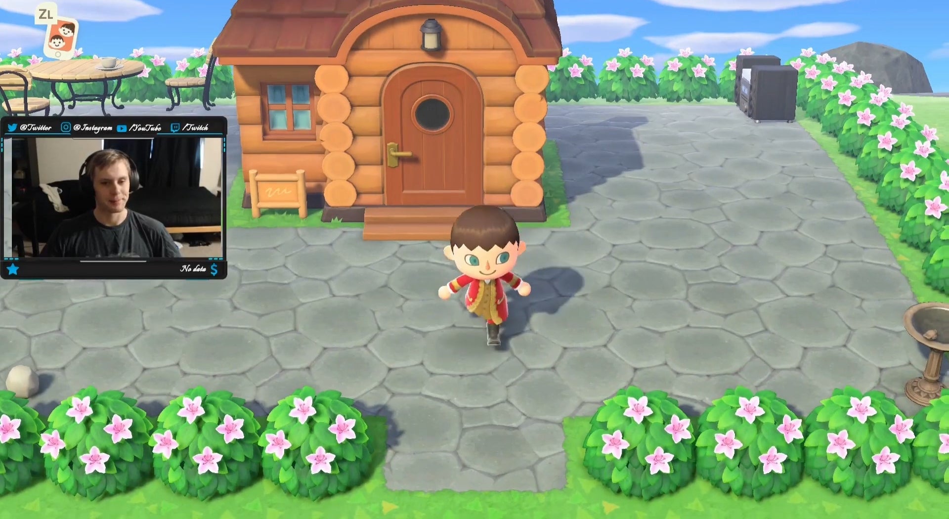 An Animal Crossing: New Horizons character exits their house, with overlay of YouTuber Ross Minor.