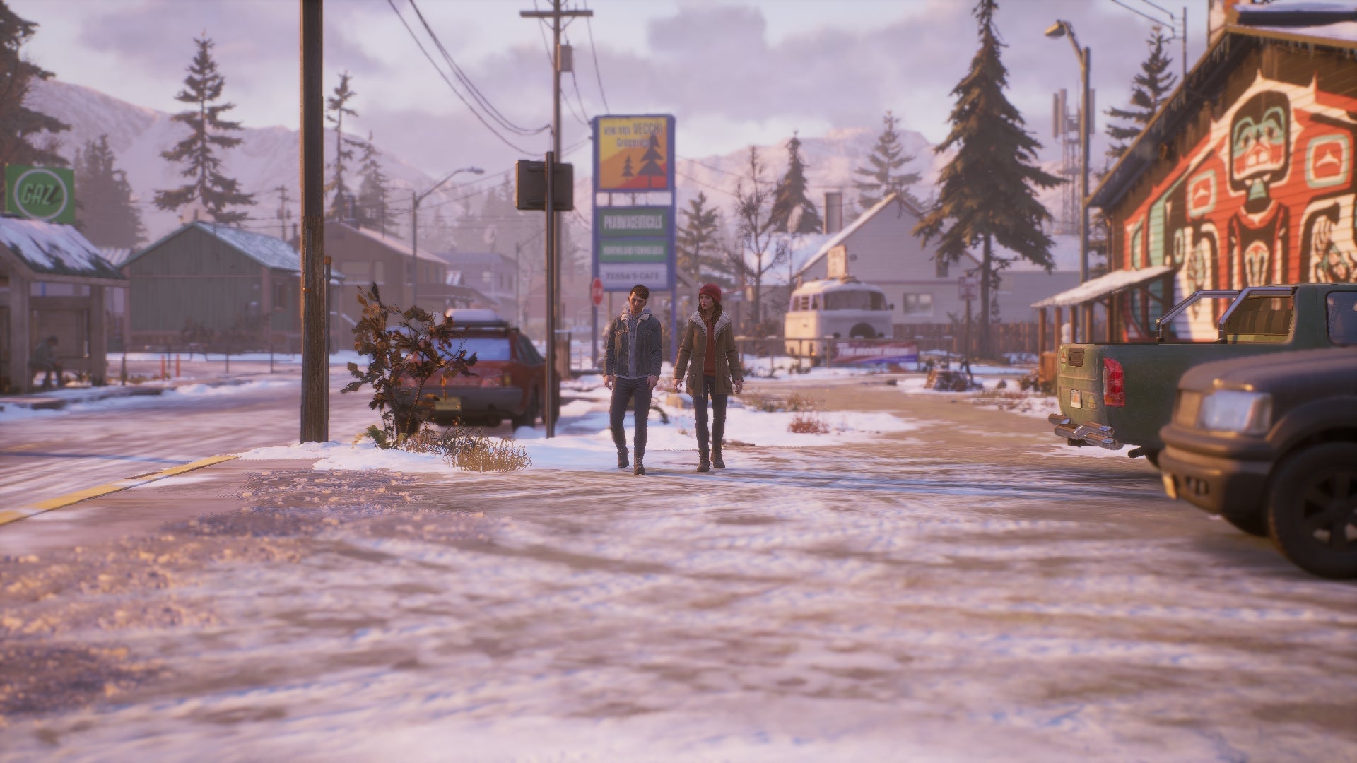 Tell Me Why’s characters walk past a Tlingit mural on a grocery store.