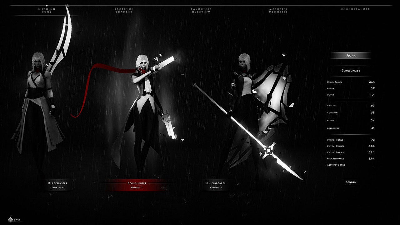 Othercide’s color palette is entirely black-and-white, with a splash of red.
