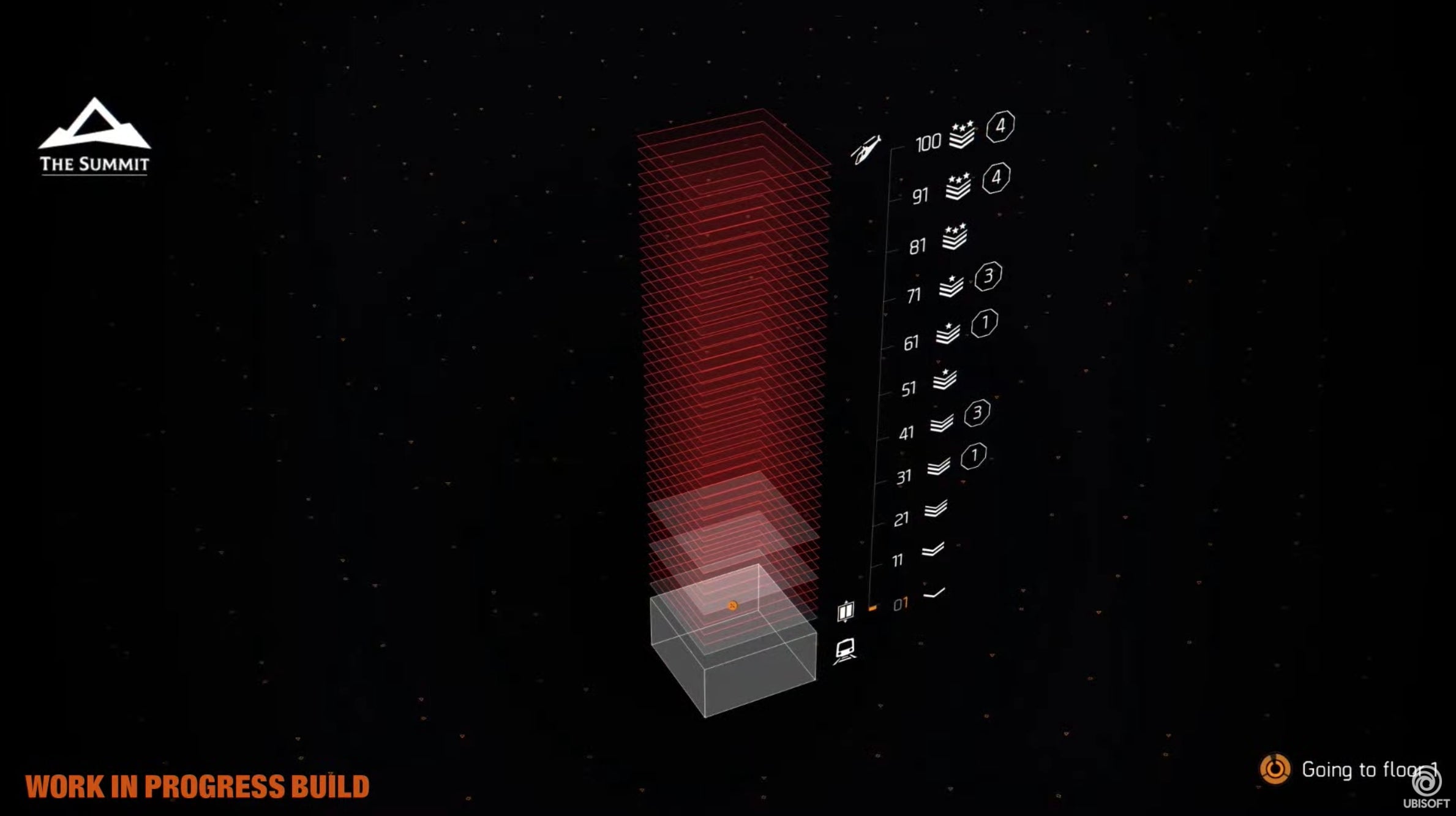 This schematic shows the elevating difficulty levels of the Summit skyscraper.