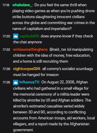 Twitch chat during a recent Army stream.