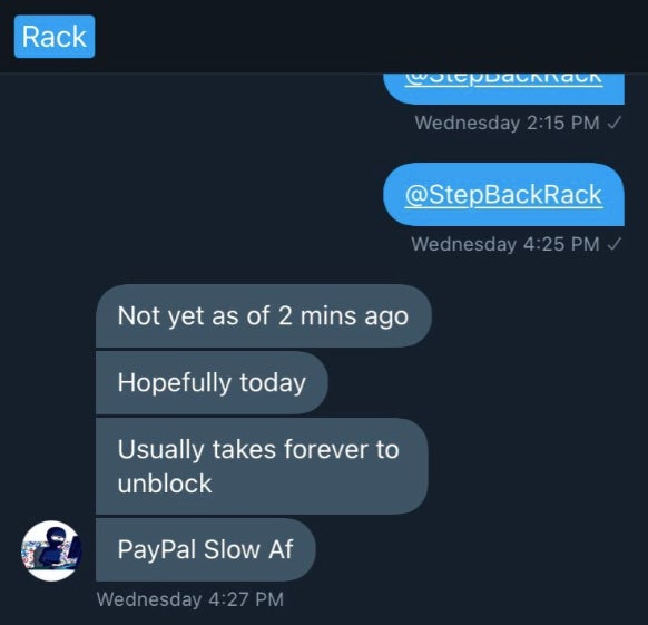 Screenshots show “Rack” allegedly stalling payments to victims by claiming he was experiencing PayPal issues.