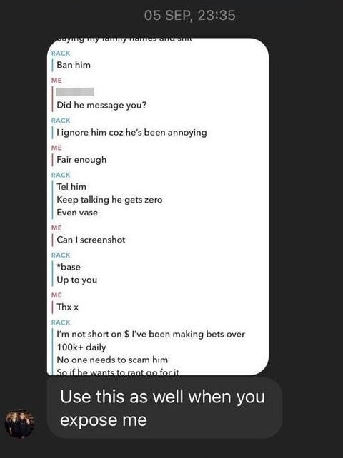 Screenshots of conversations with Raangee allegedly show Rack threatening not to pay a victim if they “keep talking.”