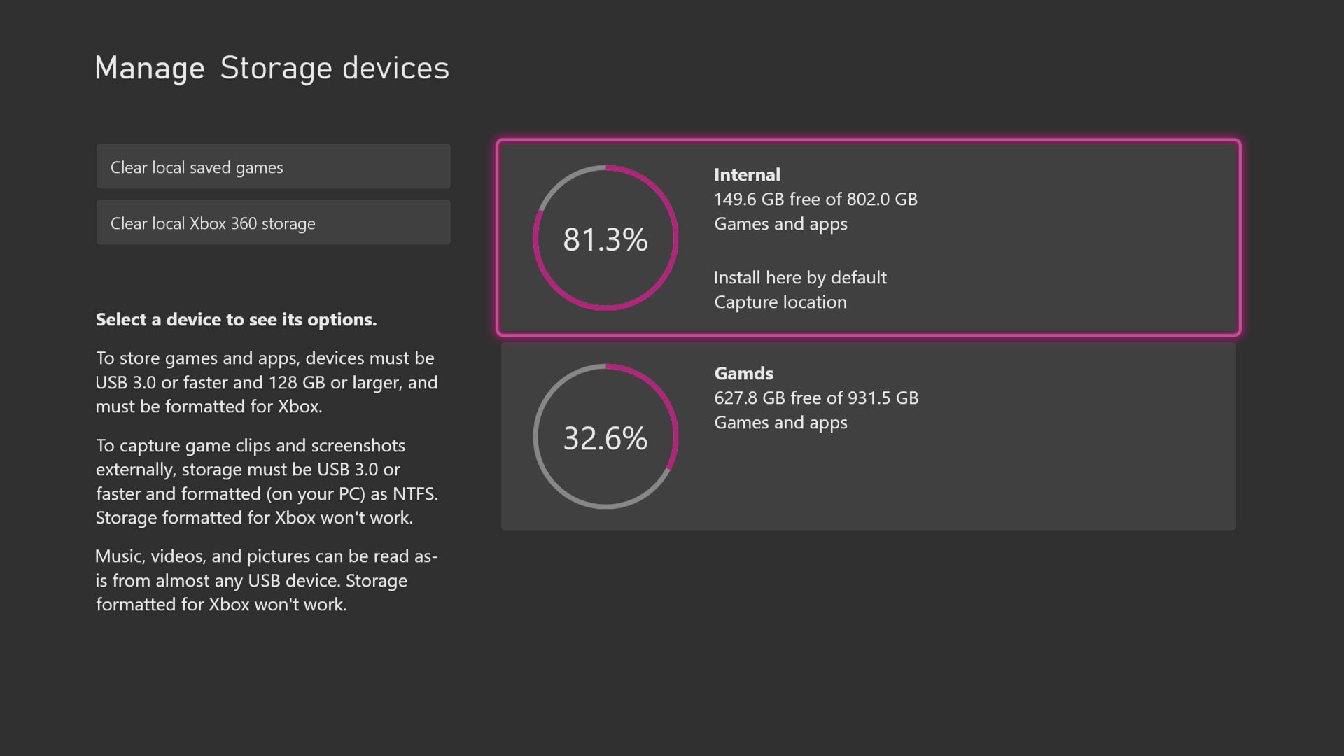 The console will also show you how much of each storage space you’ve eaten up.