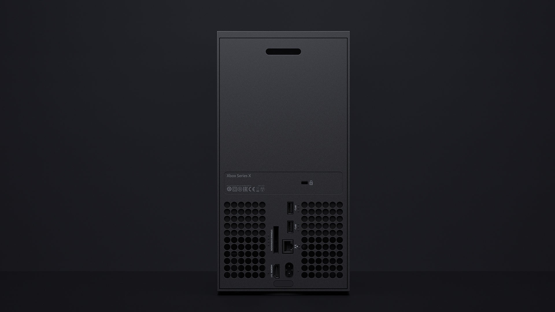 The back side of the Series X, complete with fancy SSD expansion port for upgrading storage. 