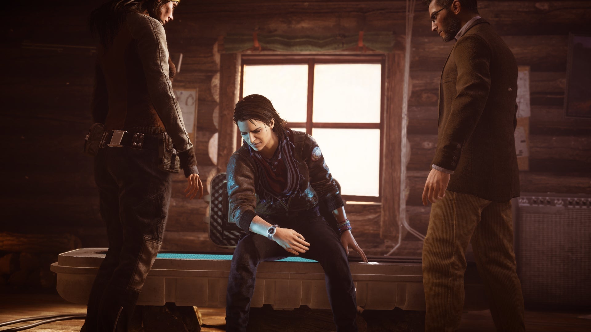 Layla, in the center, after leaving the Animus. 