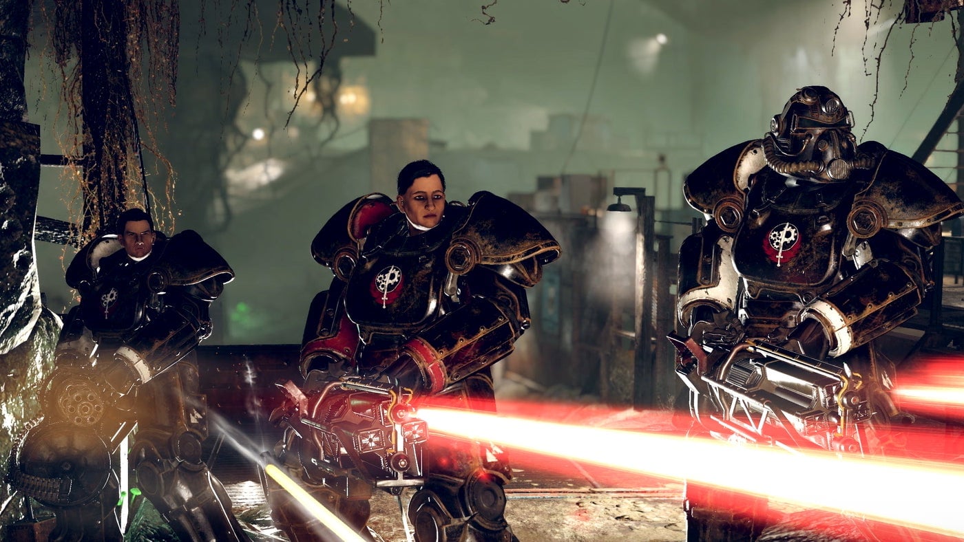 Men in power armor blast lasers.