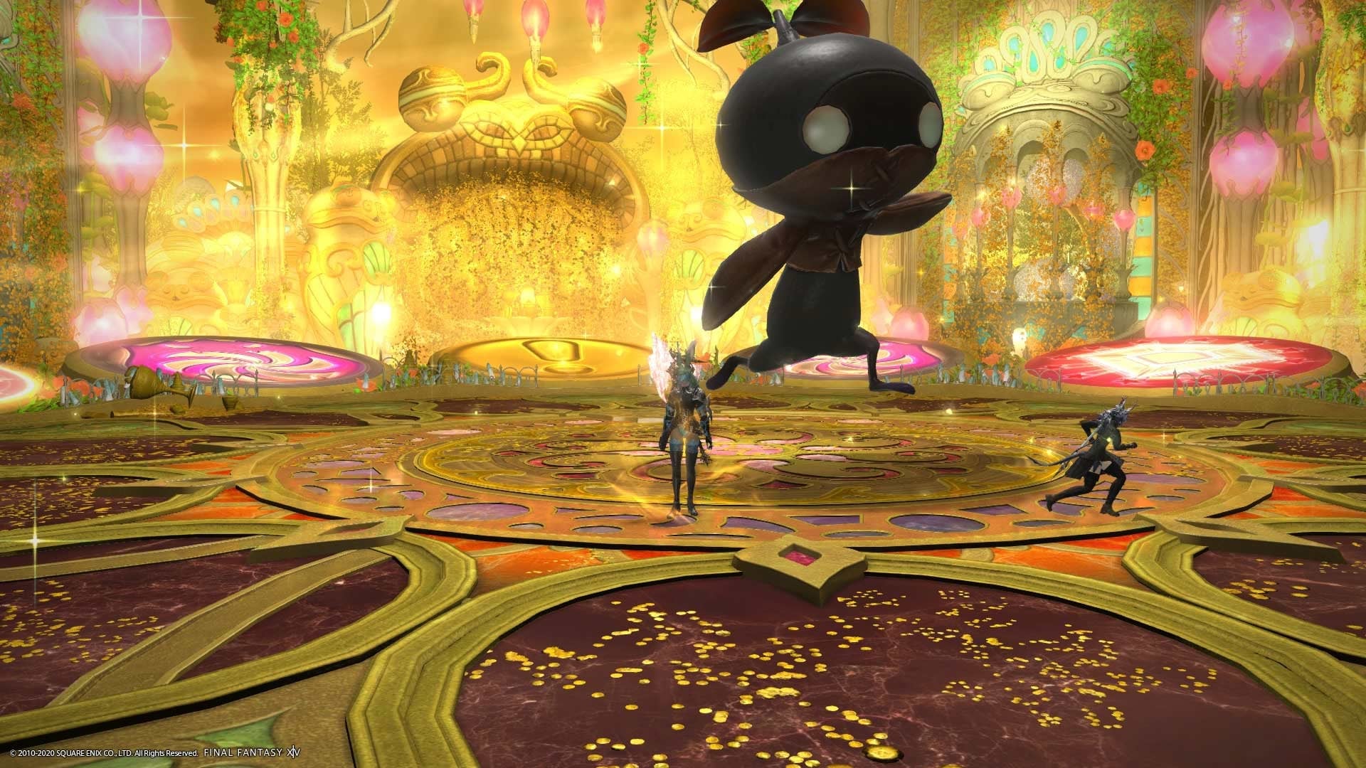 My healer girlfriend being chased by a giant plant baby in The Shifting Oubliettes because I, the tank, was too busy taking cutesy photos for work.